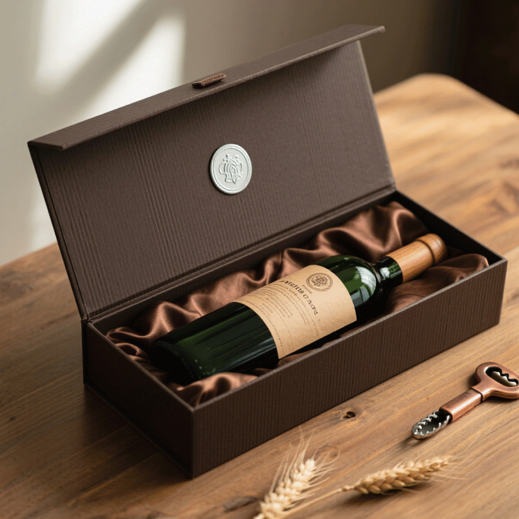 Open brown rigid wine box with satin lining, holding a single green bottle, featuring a silver emblem on the lid and a wooden stopper.
