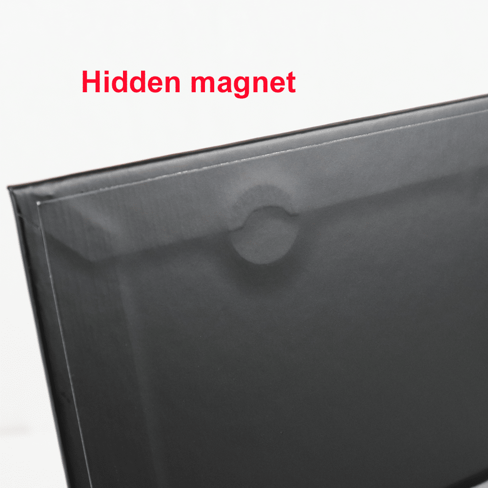 Close-up of a black rigid wine box lid showing a hidden neodymium magnet embedded within the edge, ensuring smooth and secure closure without visible hardware.