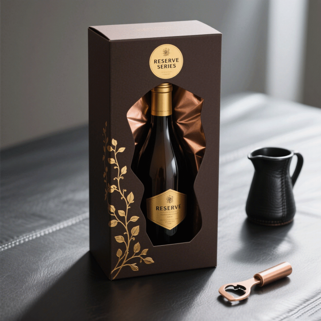 Closed dark brown wine box with a die-cut window revealing the bottle inside, adorned with gold foil leaf pattern and a circular "Reserve Series" label.