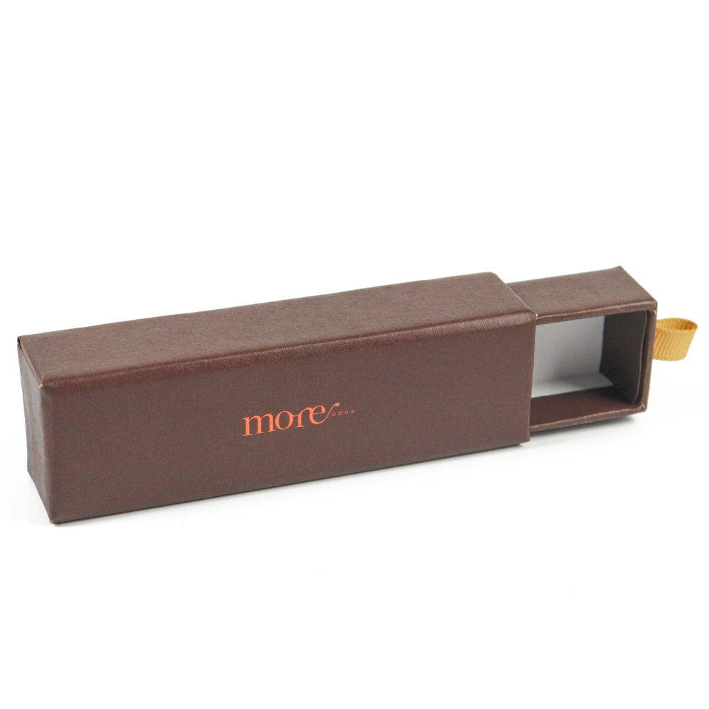 Brown leather-textured rigid box with a pull-tab drawer mechanism, designed to securely hold and display vape cartridges with enhanced protection and user accessibility.
