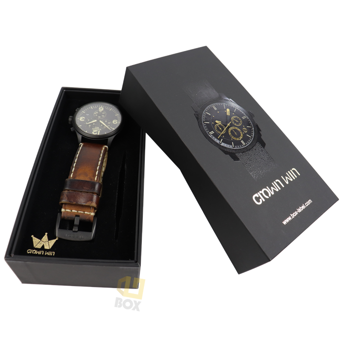 Black rigid watch box with magnetic closure and branded lid, featuring a dark dial watch on a brown leather strap—designed for premium e-commerce delivery.