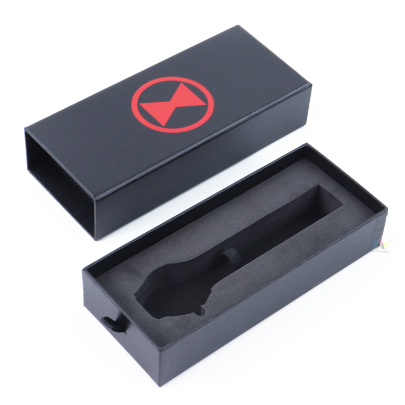 Black rigid watch box with red logo and gray EVA foam insert—featuring precise die-cutting for maximum shock absorption and secure fit.
