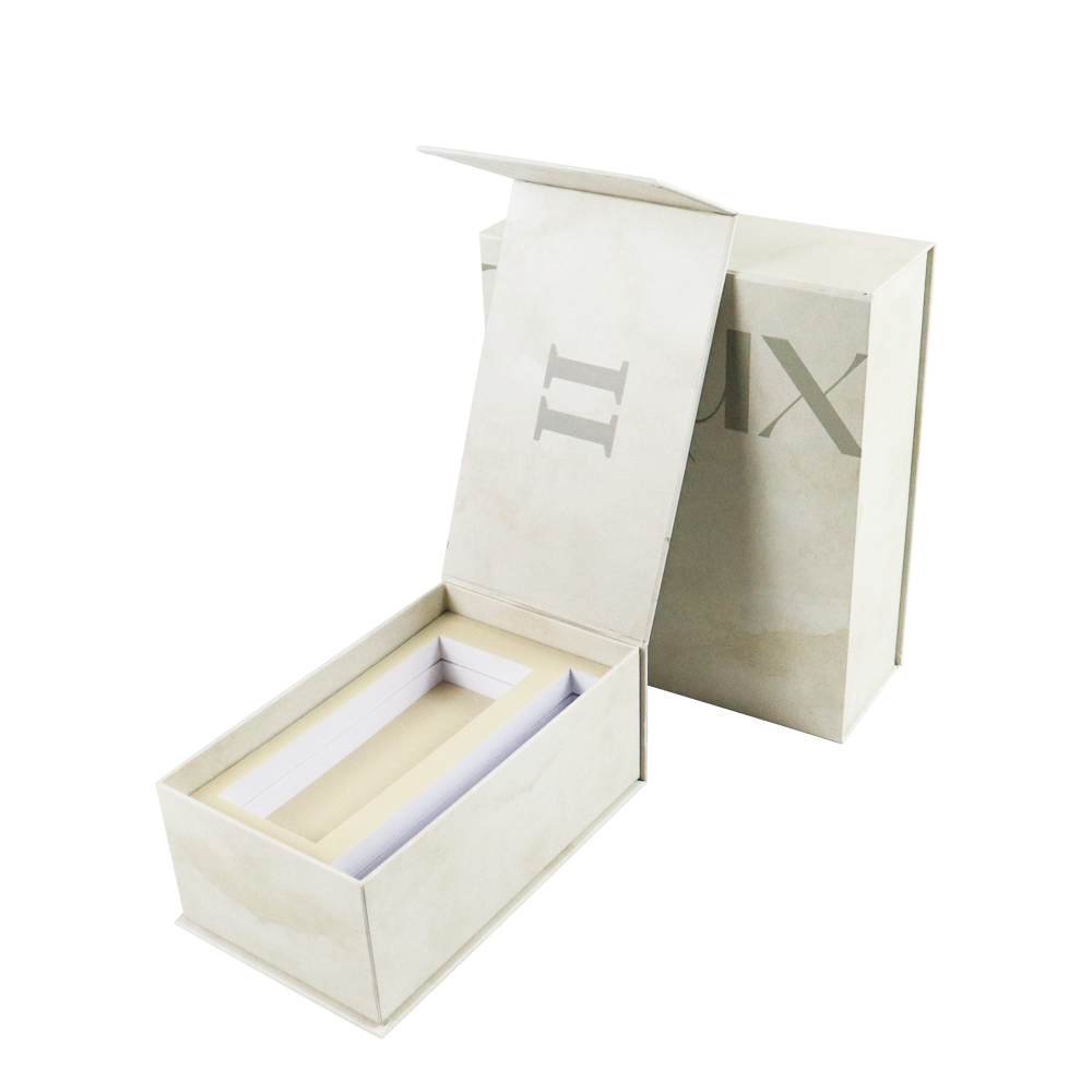 Open beige rigid box with Roman numeral "II" on the lid and a custom-fitted inner tray, designed for secure storage and premium presentation of vape cartridges.