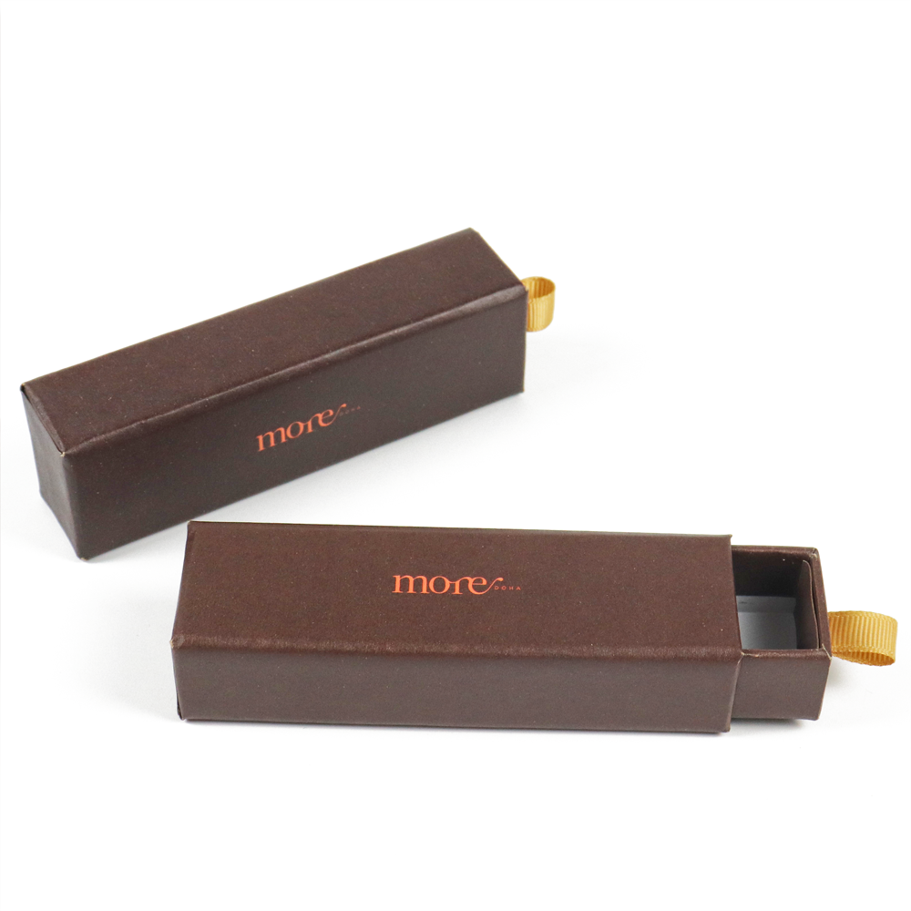 Brown rigid drawer-style box with gold ribbon handle, showcasing a premium design ideal for single-cartridge packaging with controlled access.