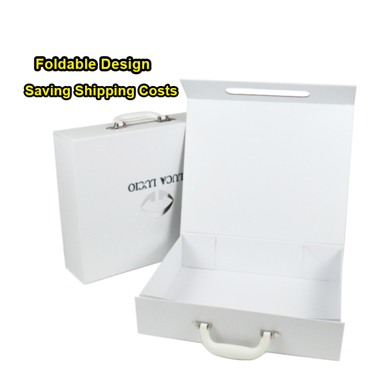 White foldable box with built-in handle, shown both folded and open, demonstrating space-saving design for efficient shipping and storage.