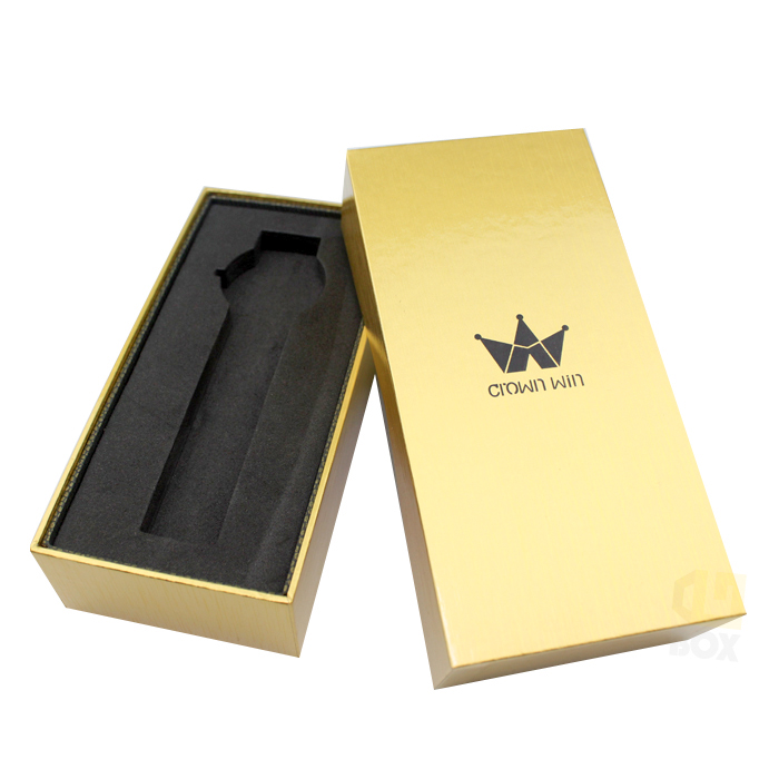 Gold rigid watch box with black EVA foam insert and Crown Win logo—showcasing premium packaging for luxury timepieces with maximum protection.