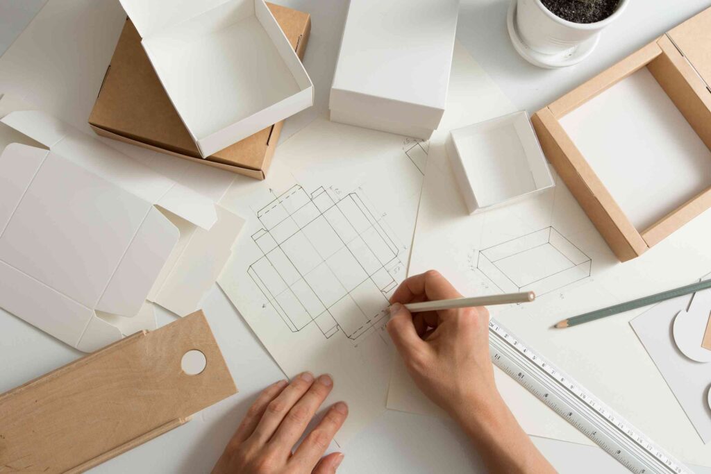 Designer sketching a watch box die-cut pattern with ruler and paperboard prototypes—illustrating the concept design phase in OEM packaging development.