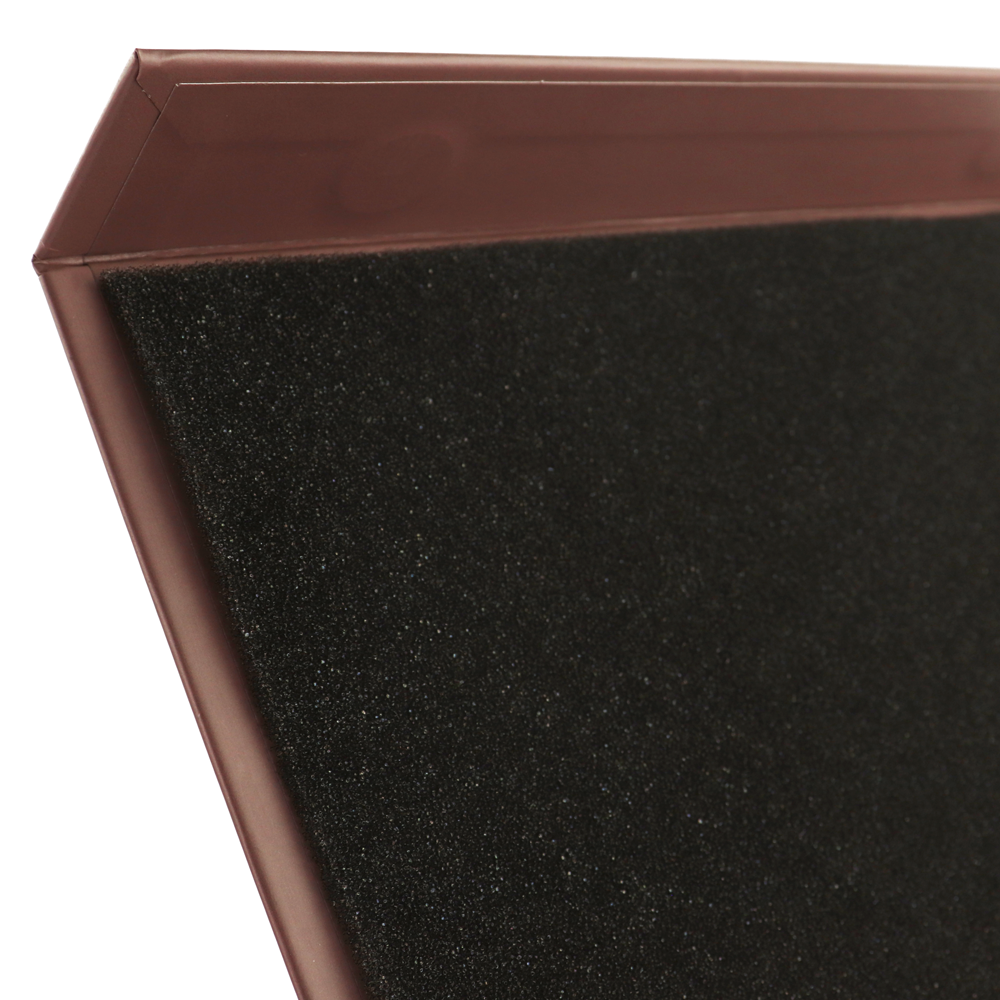 Close-up of a brown box corner with smooth edge finish and black EVA foam lining, showcasing clean construction and material integration.