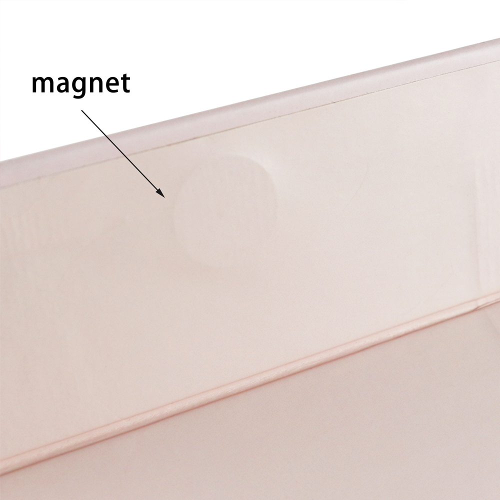 Close-up of a magnet embedded in the inner edge of a light pink box lid, labeled "magnet," showing precise placement for smooth closure.
