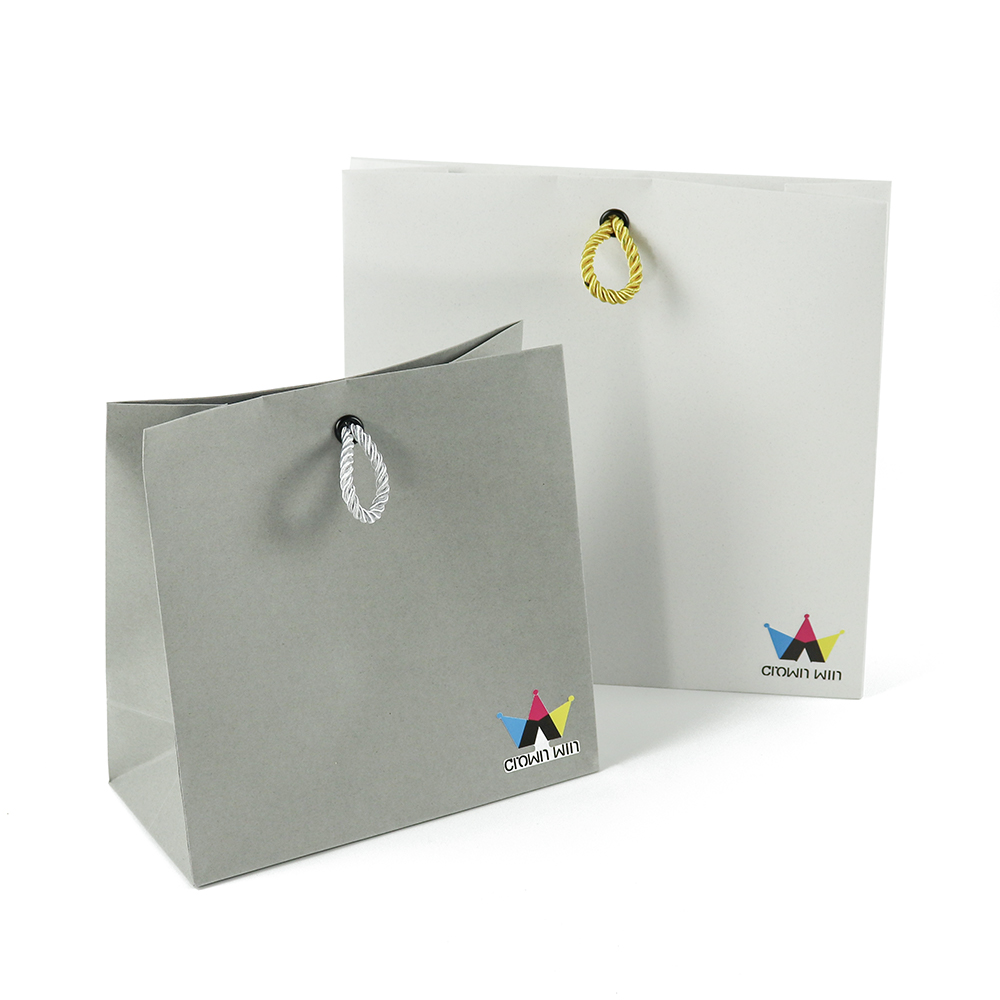 Two matte gray paper shopping bags with twisted rope handles and colorful crown logo, showcasing a clean and contemporary design suitable for eco-conscious apparel brands.