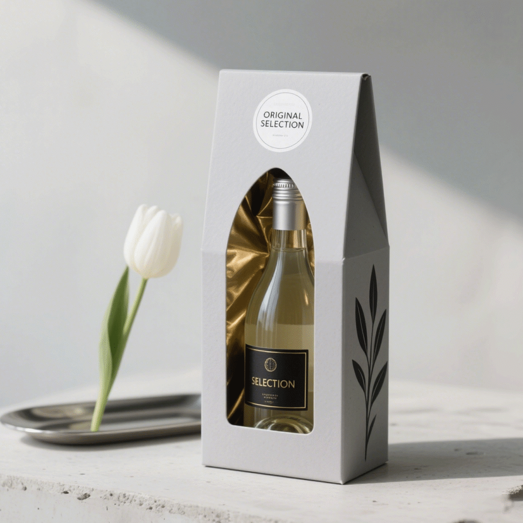 White single wine box featuring a clear window and gold satin interior, allowing full visibility of the bottle while maintaining a sleek, modern aesthetic for e-commerce and gift markets.