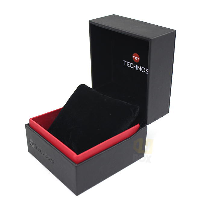 Black rigid watch box with red inner lining and black velvet pillow insert—designed for sporty or tech-style timepieces with bold branding.