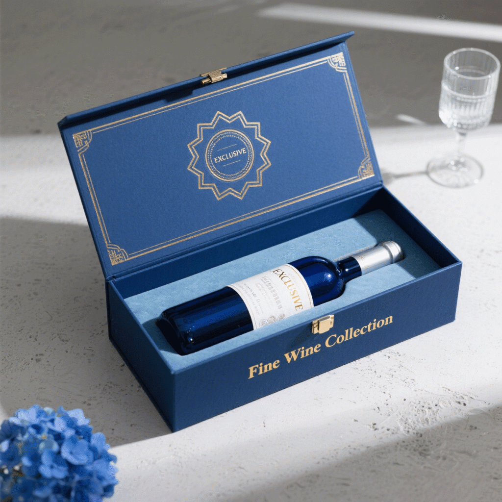 Blue single wine box with gold foil embossing and soft interior lining, showcasing premium branding and minimalist elegance suitable for retail or online sales.