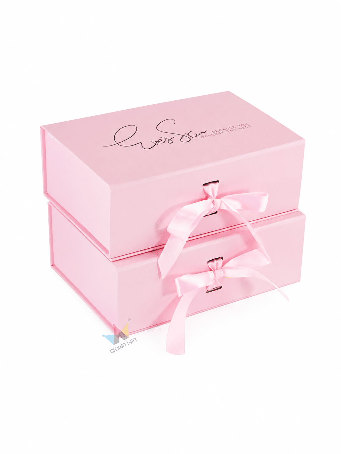 Custom pink double drawer rigid gift box with satin ribbon pulls, designed for luxury cosmetics, beauty products and premium gift packaging.