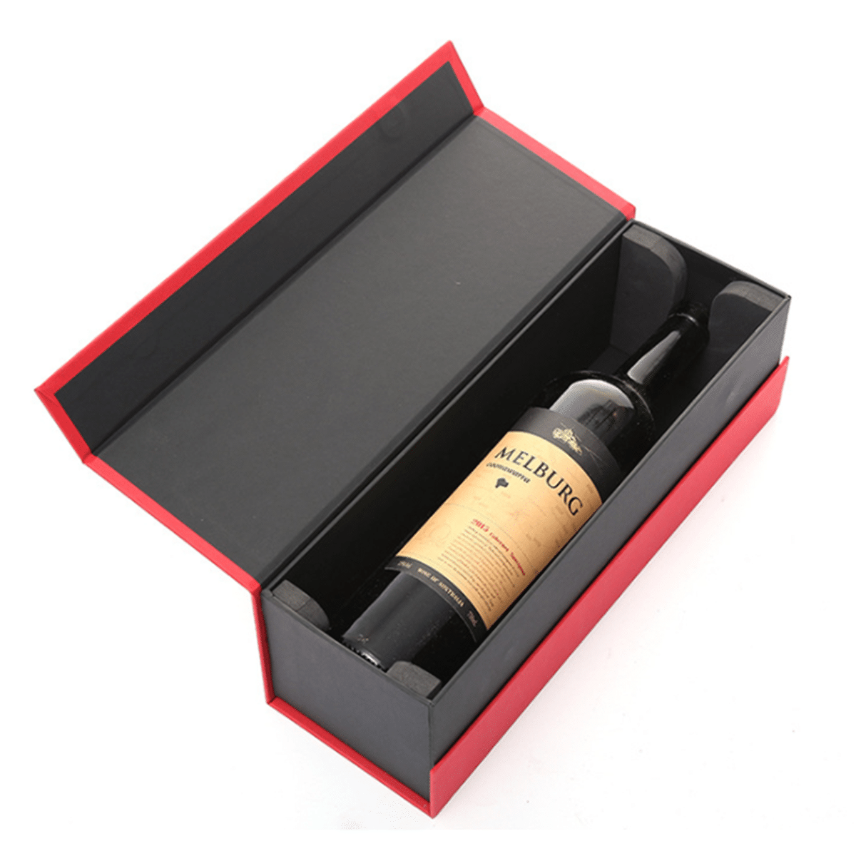 Custom red and black book-style rigid wine bottle gift box with hinged lid and protective insert for premium wine and liquor packaging.