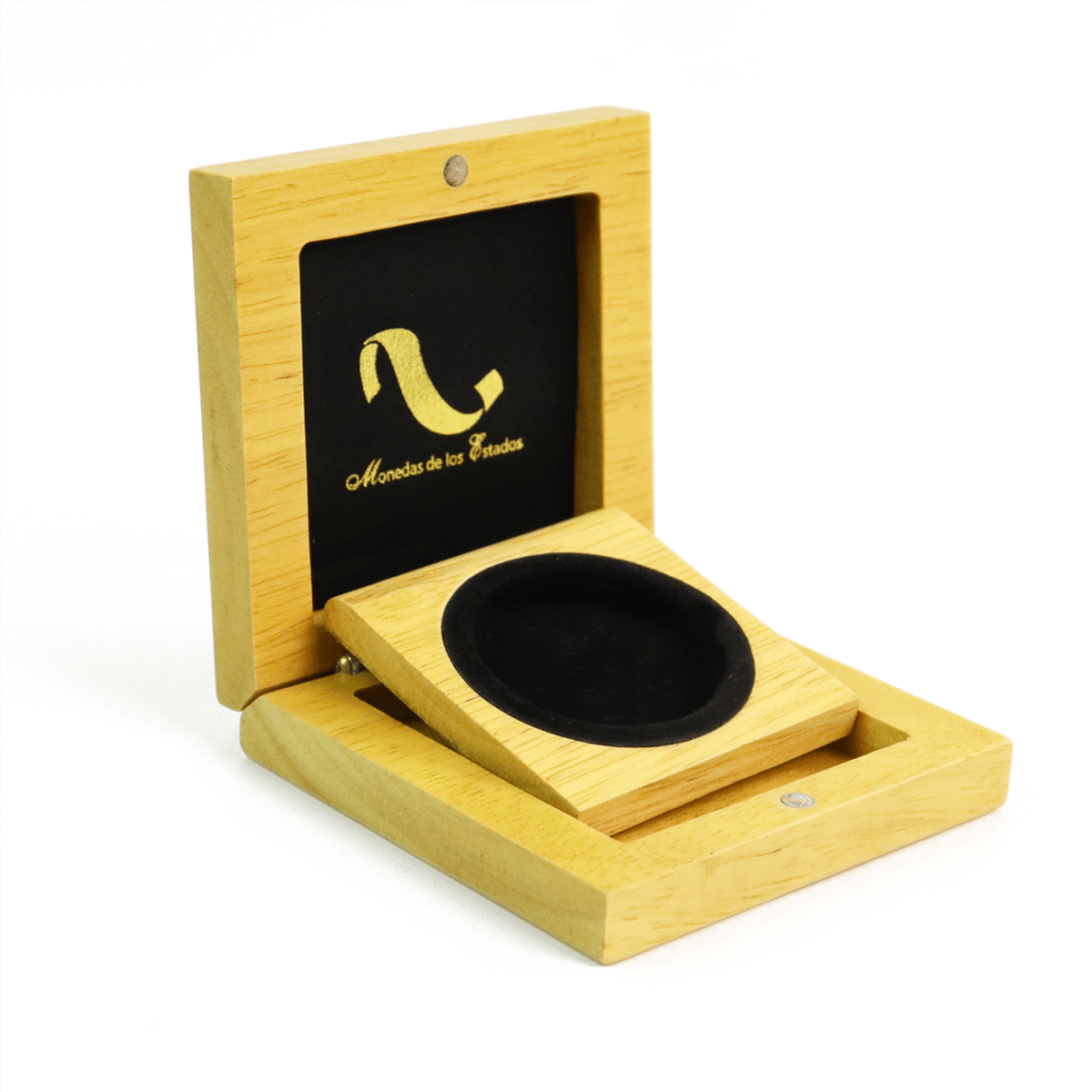 Custom hinged wooden coin and medal presentation box with magnetic closure, black velvet insert and gold logo printing for premium collectible packaging.
