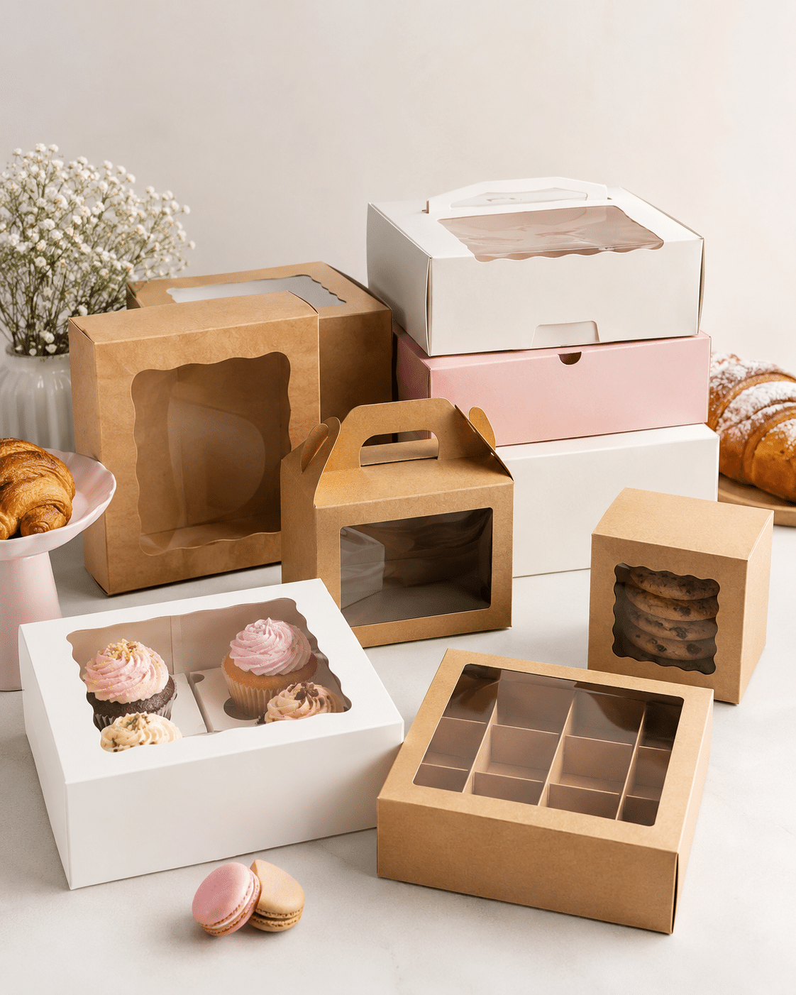 Assorted custom bakery packaging boxes in kraft, white and pink with clear windows, handles and dividers for cakes, cupcakes, cookies, macarons and pastries.