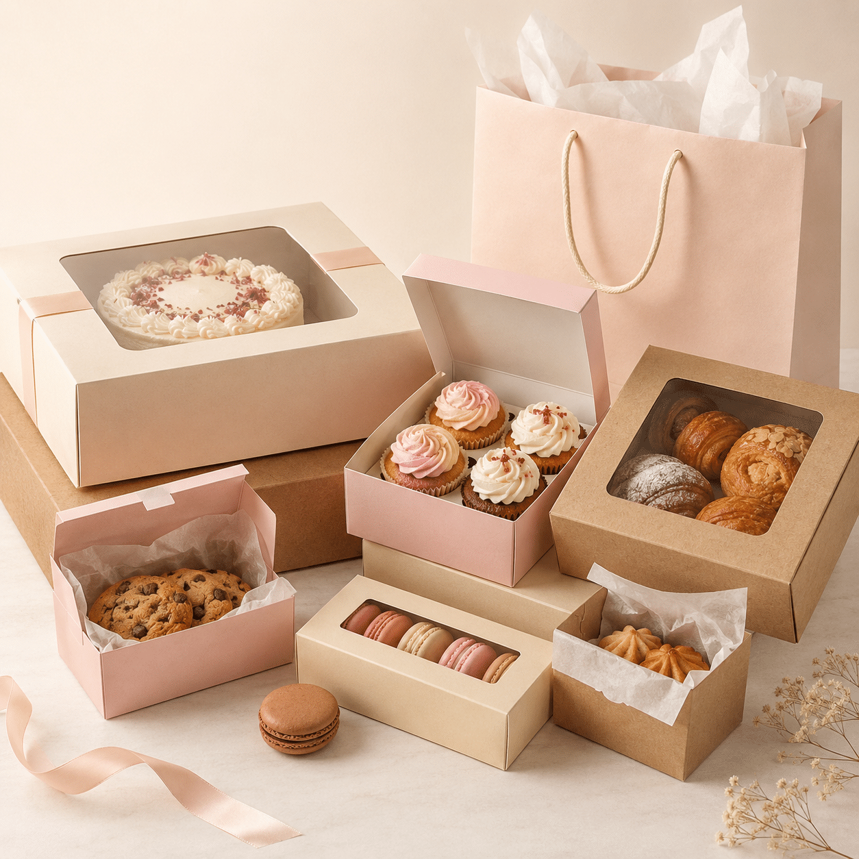 Custom bakery packaging collection with window cake boxes, cupcake boxes, cookie boxes, macaron boxes, pastry boxes and a matching paper gift bag in kraft and pastel pink.