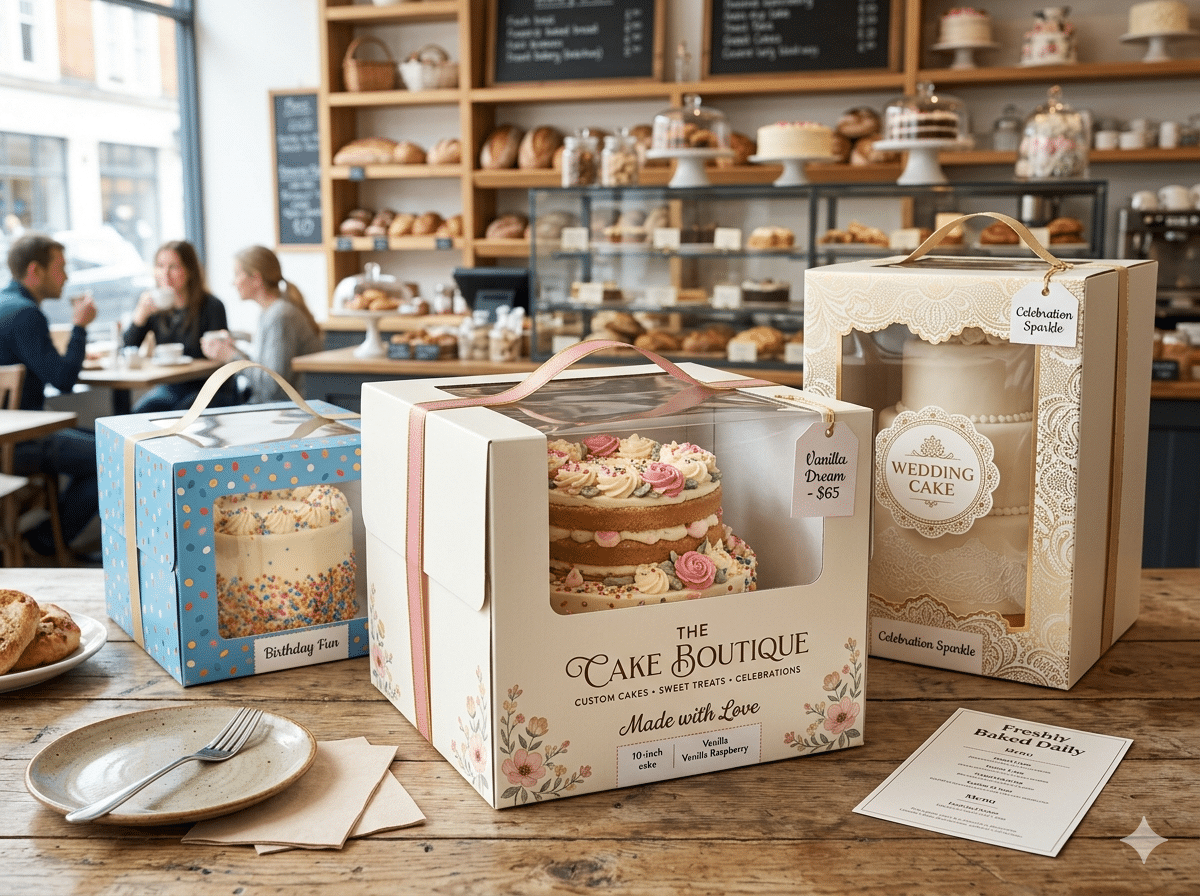 Custom printed bakery cake boxes with clear display windows, carrying handles and branded designs for birthday cakes, wedding cakes and premium bakery packaging.