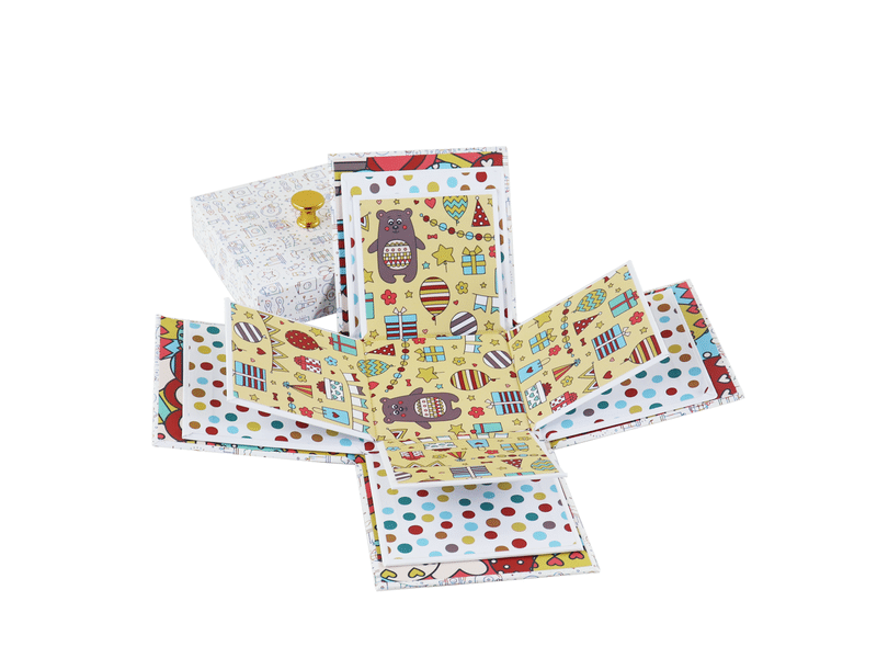 Custom colorful explosion gift box with multiple folding panels, printed patterns and removable lid, designed for birthdays, celebrations and creative gift packaging.