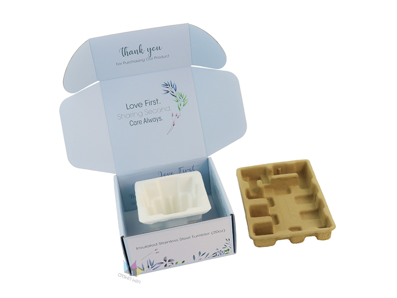Custom light blue printed mailer box with branded interior, white protective tray and recyclable molded pulp insert for insulated tumbler and retail product packaging.