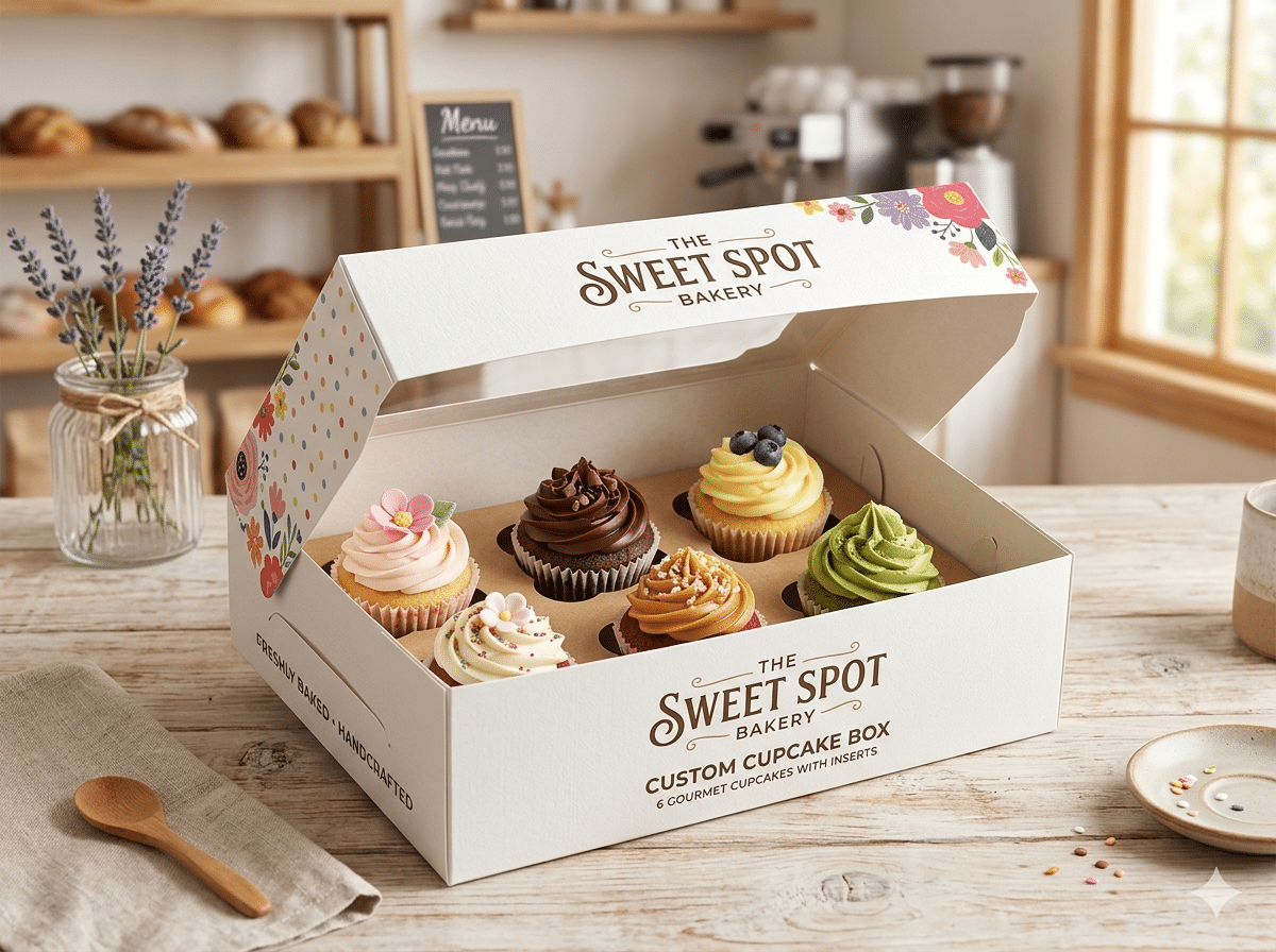 Custom printed white cupcake packaging box with floral branding, clear window and six-cupcake paper insert for bakeries, cafés and premium dessert packaging.