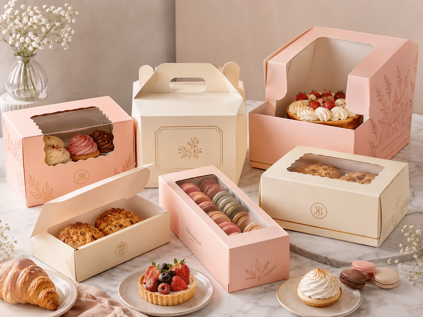 Custom pastel pink and cream bakery packaging boxes with clear windows and handles for cakes, cupcakes, macarons, cookies, tarts and assorted pastries.