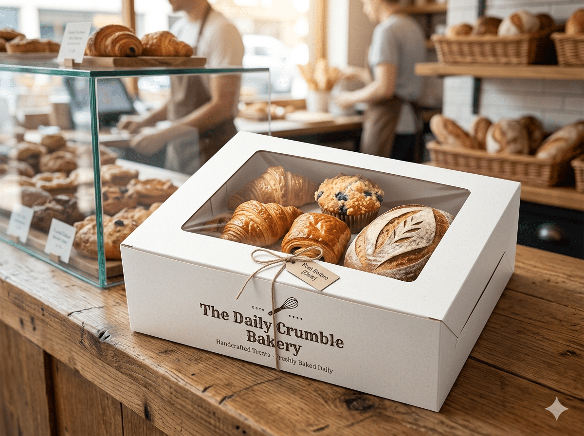 Custom white bakery packaging box with a large clear window, designed for croissants, muffins, artisan bread and assorted pastries in bakery and café retail displays.