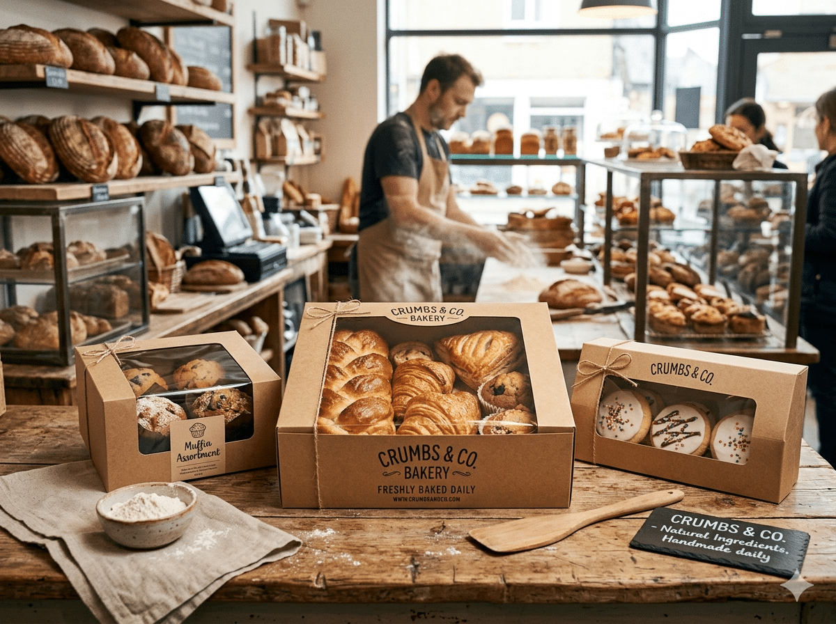 Custom printed kraft bakery packaging boxes with clear windows for muffins, croissants, bread, cookies and assorted pastries in bakery and café retail displays.