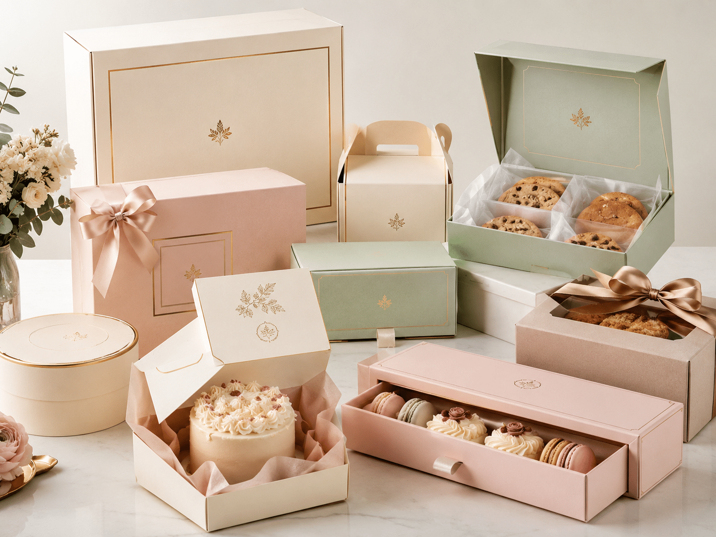 Luxury custom bakery packaging boxes in blush pink, cream and sage green with gold foil details, ribbon closures, windows and inserts for cakes, cookies, macarons and premium pastries.