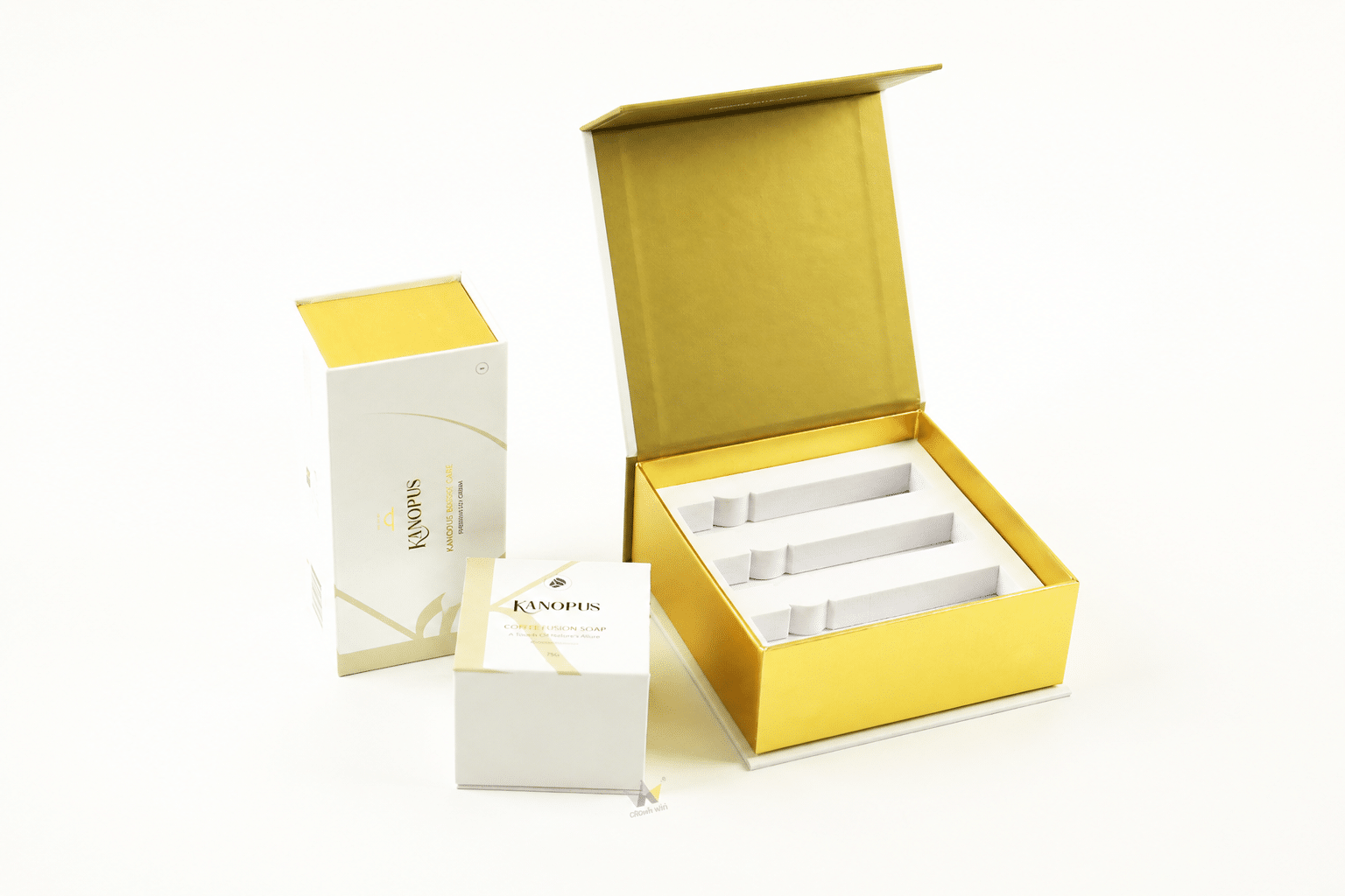 Custom gold magnetic rigid pre-roll packaging box with a three-slot protective insert and premium printed folding cartons for multi-pack products.