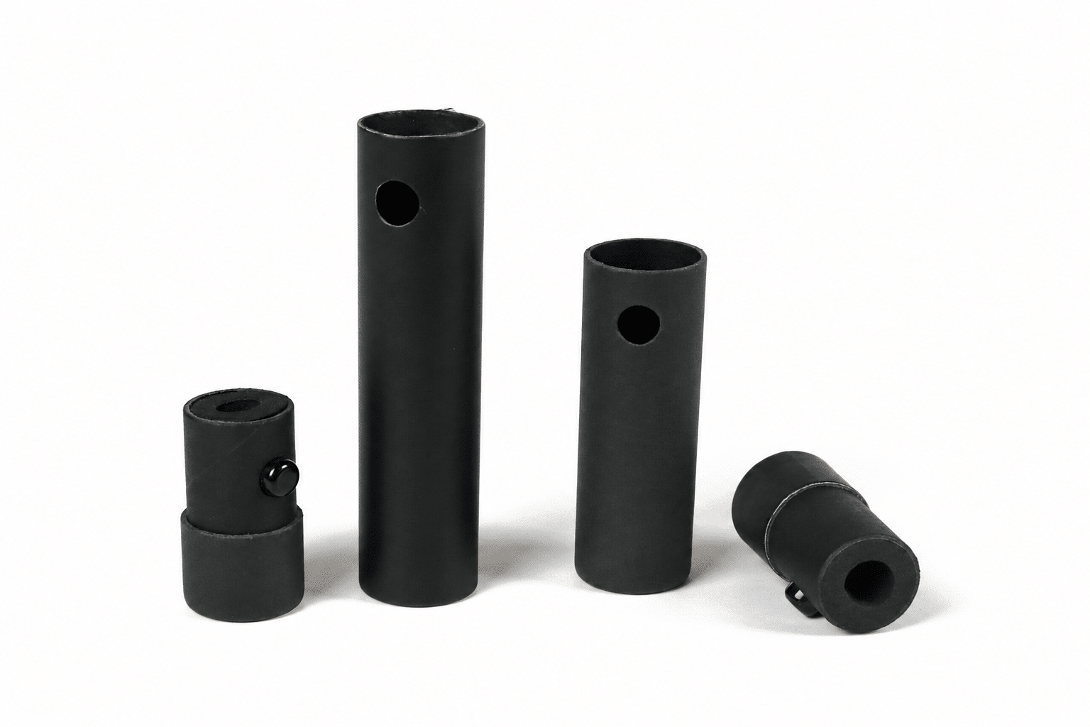 Custom black cylindrical pre-roll paper tubes with child-resistant push-button closures, available in multiple sizes for secure product packaging.