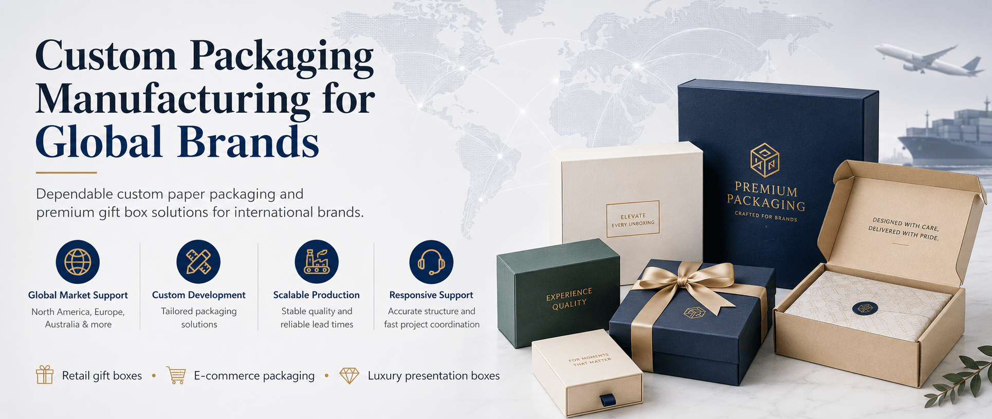 Custom packaging manufacturing solutions for global brands, featuring luxury rigid gift boxes, e-commerce mailer packaging and premium presentation boxes for international markets.