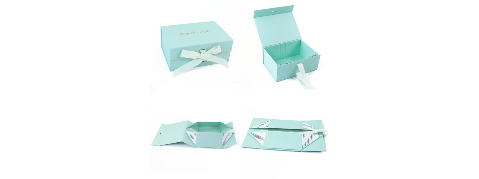 Custom mint green foldable magnetic gift box with ribbon closure, shown closed, open and flat-packed for luxury gift, cosmetic and retail packaging.