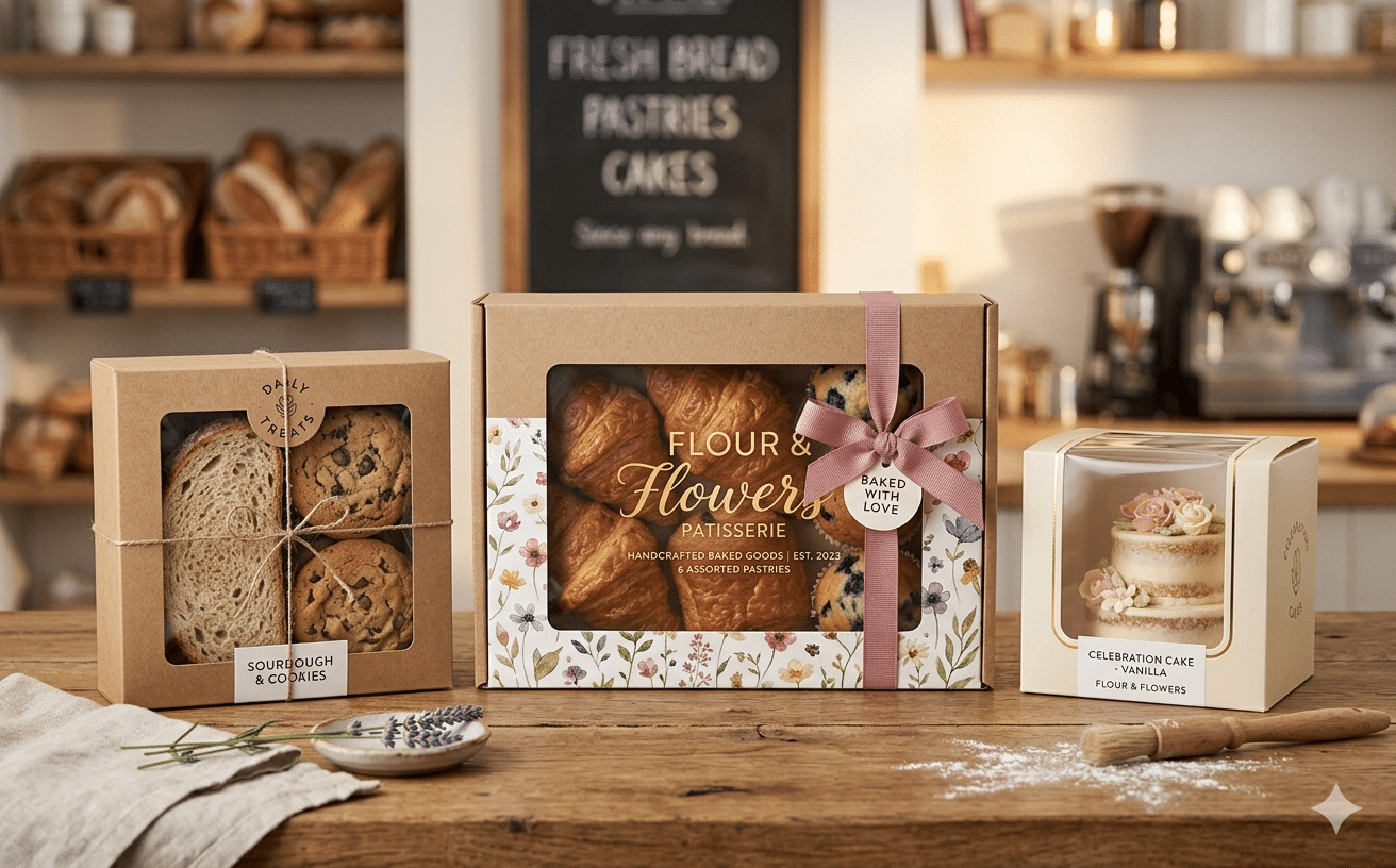 Custom printed bakery packaging boxes with clear display windows, ribbon decoration and branded designs for bread, cookies, croissants, muffins and celebration cakes.