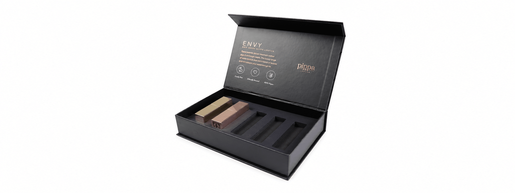 Custom black magnetic closure rigid lipstick gift box with gold foil printing and precision-cut foam insert for luxury cosmetic and beauty product packaging.