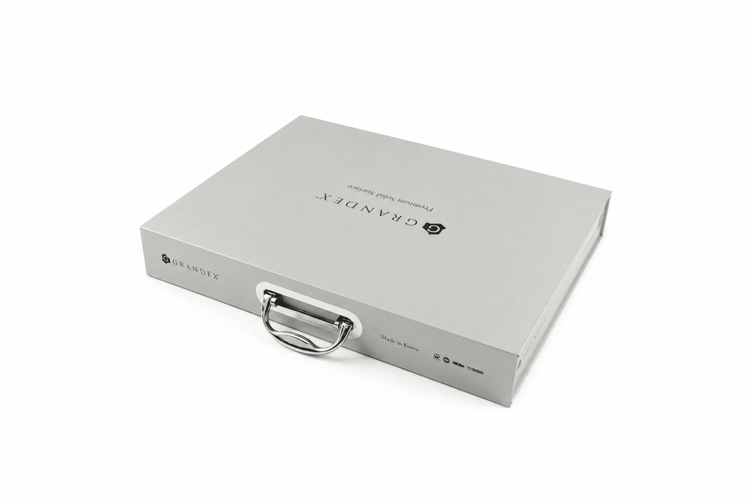 Custom silver rigid presentation packaging box with a durable metal carrying handle and printed branding for premium product sample kits.