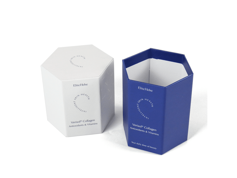 Custom white and blue hexagonal paper packaging box with printed branding, designed for collagen supplements, vitamins, beauty products and premium health packaging.