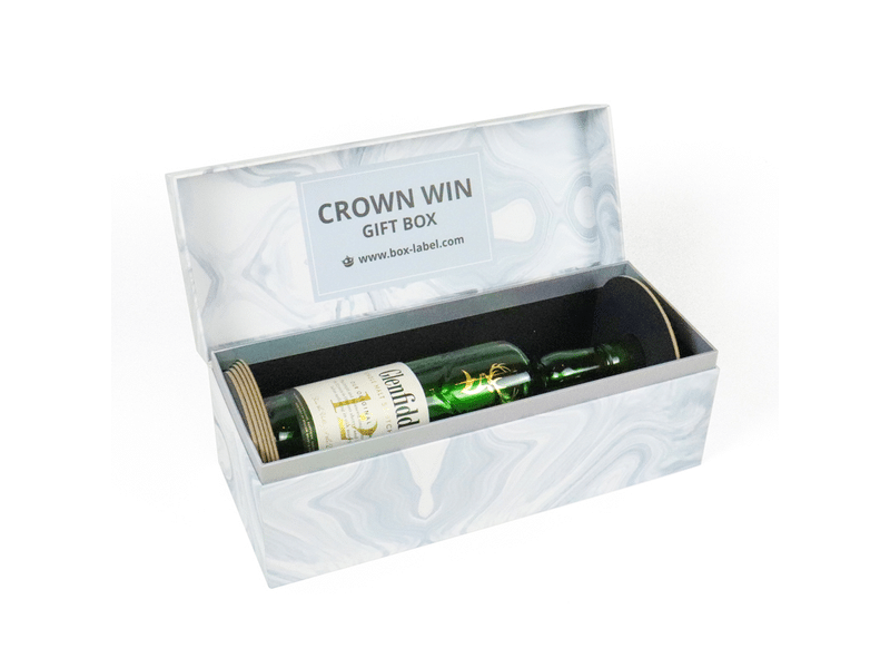 Custom white marble-pattern hinged rigid wine bottle gift box with black protective insert, designed for premium wine, spirits and luxury beverage packaging.