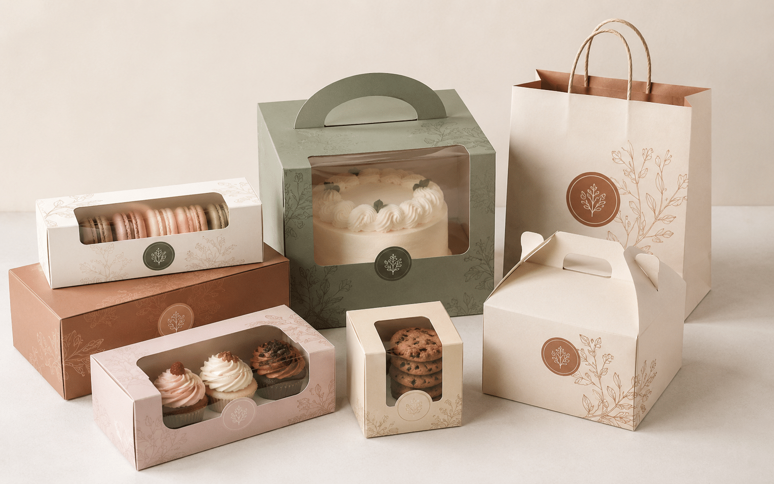 Custom bakery packaging collection with window cake boxes, cupcake boxes, cookie boxes, macaron boxes, carry-handle boxes and a matching printed paper bag.