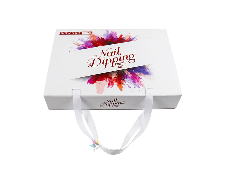 Custom white cosmetic gift box with ribbon handles and colorful printed branding, designed for nail dipping powder kits, manicure products and beauty packaging.