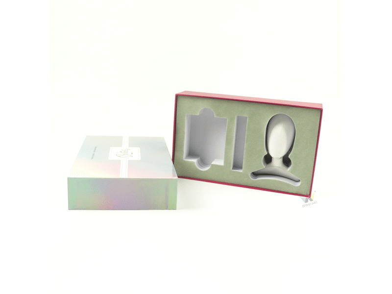 An open luxury paper rigid packaging box showcasing a tailored multi-layer green velvet eva foam lining insert with specialized cutouts for secure product display.