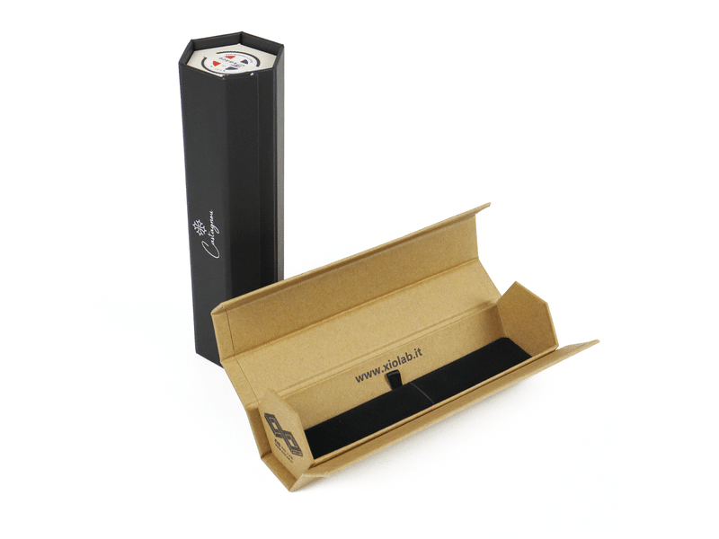 High-quality custom-shaped collapsible rigid cardboard box with magnetic lid, combining elegant black paper and rustic kraft texture for sustainable premium B2B packaging.