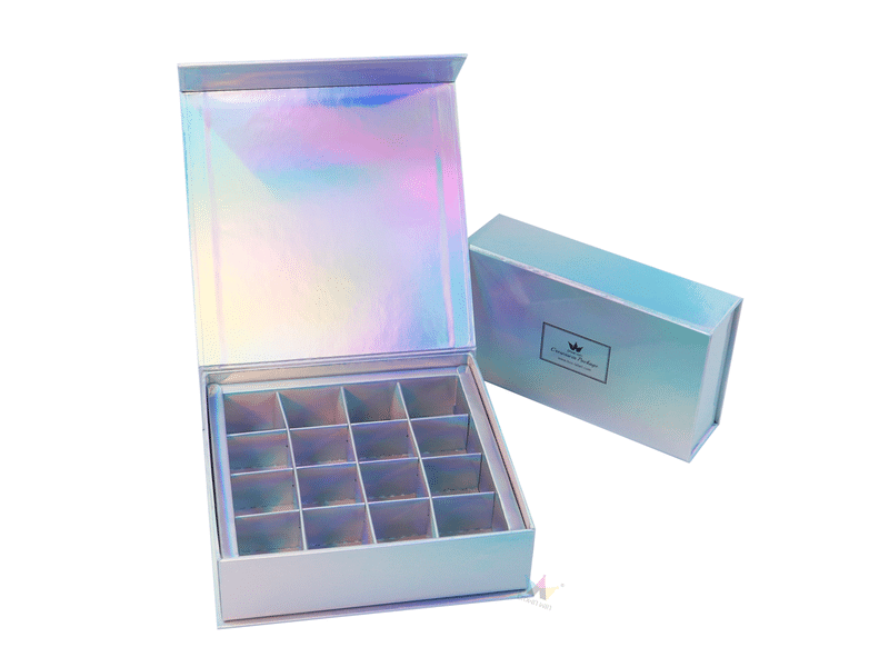 High-quality custom-printed book-style magnetic cardboard box with 16 grids in an eye-catching holographic finish, ideal for premium B2B retail product packaging.
