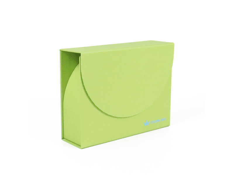 Bespoke lime green rigid paper cardboard box designed with an innovative semi-circular magnetic flap closure for premium retail product packaging.