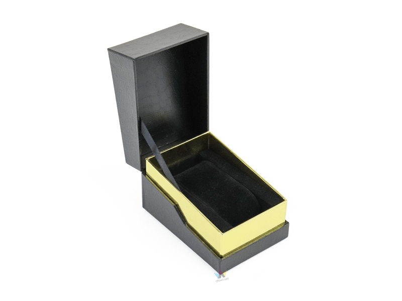 Custom black hinged watch presentation box with gold trim, ribbon lid support and fitted velvet insert for luxury watches and premium gift packaging.
