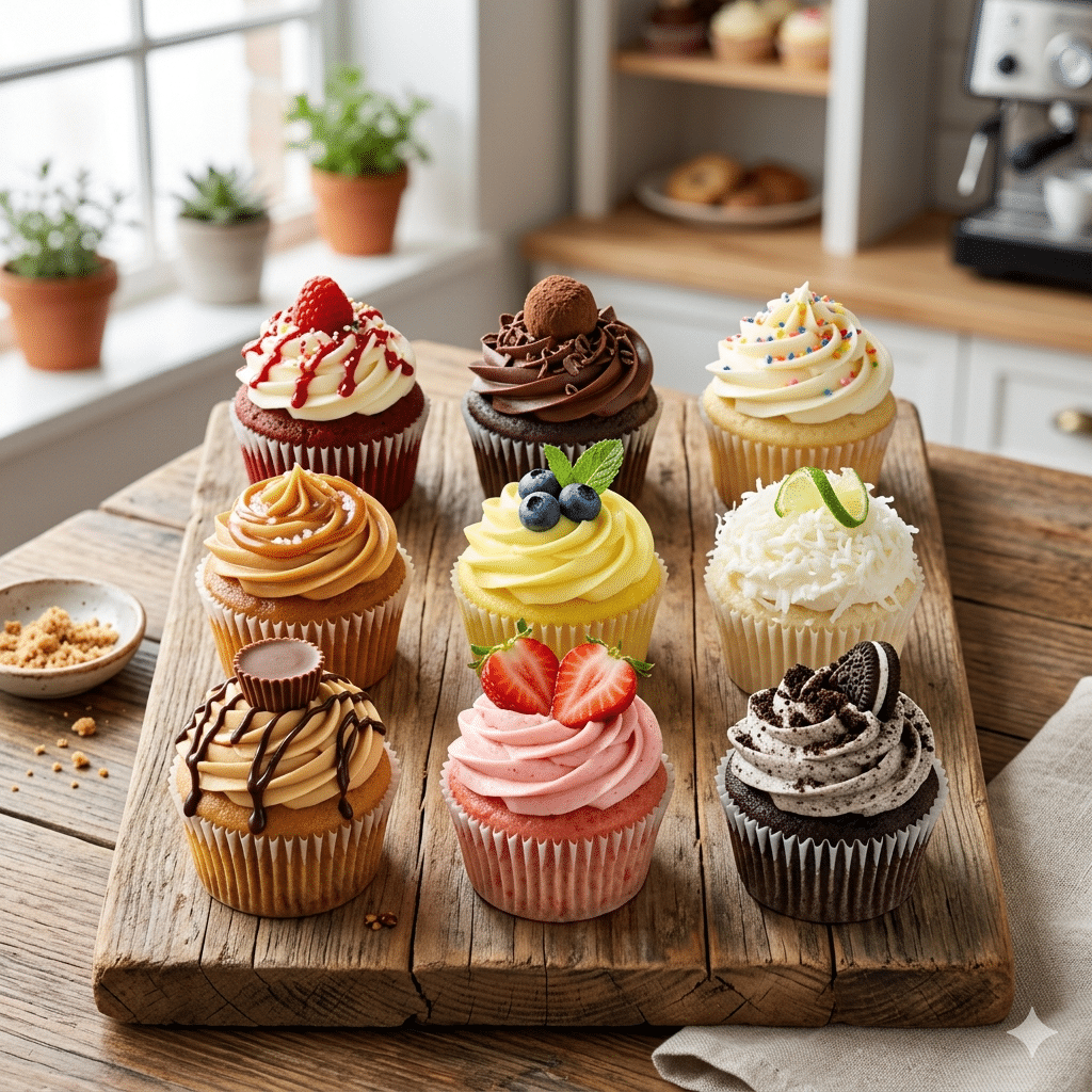 Assorted gourmet cupcakes with chocolate, strawberry, blueberry, caramel, coconut and vanilla frosting, displayed for custom cupcake boxes and bakery packaging.