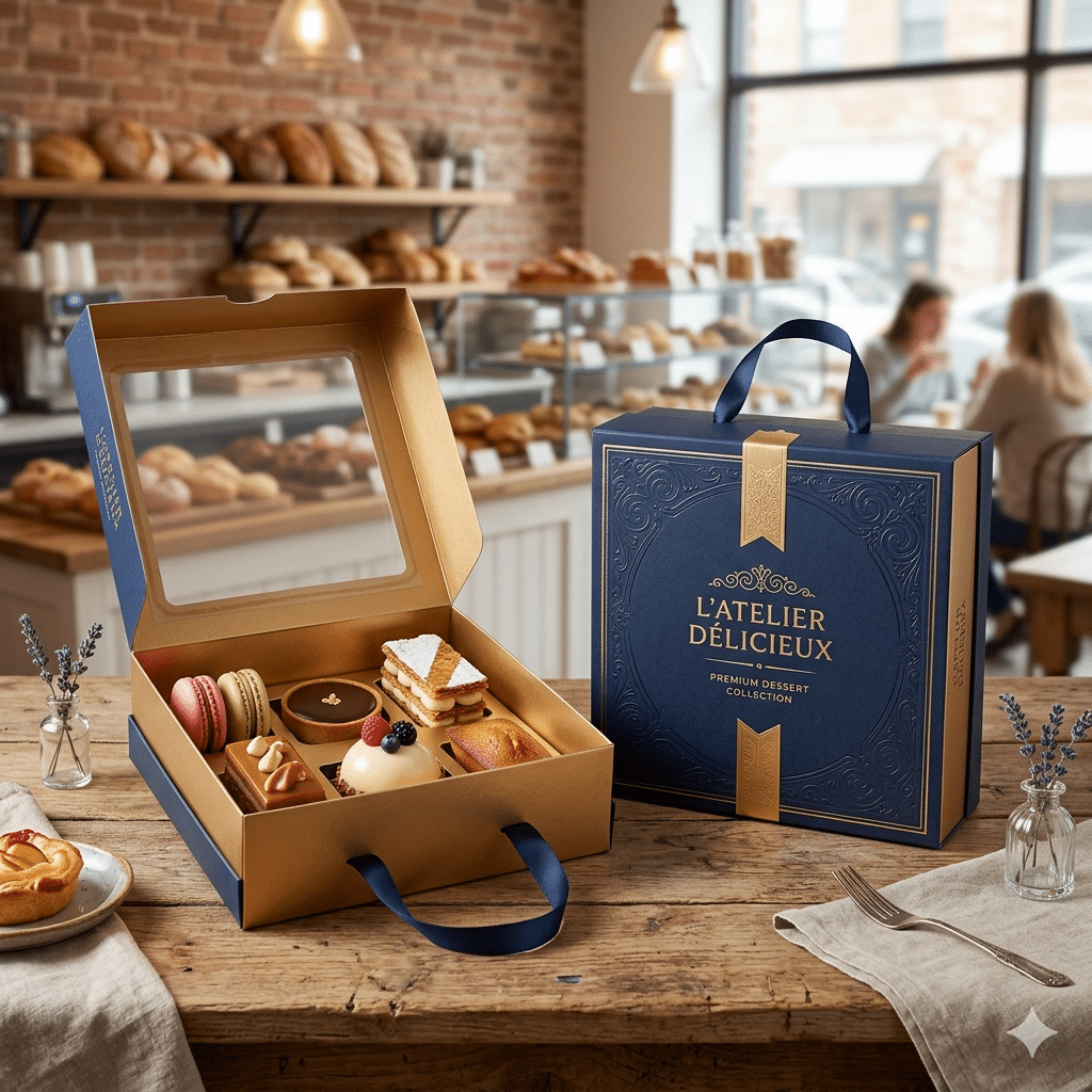 Custom navy blue and gold luxury bakery gift box with a clear display window, ribbon handles and compartments for macarons, cakes, tarts and assorted pastries.