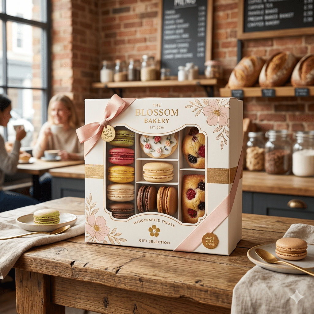 Custom luxury bakery gift box with clear display window, floral printing, ribbon decoration and divided compartments for macarons, cookies and mini pastries.