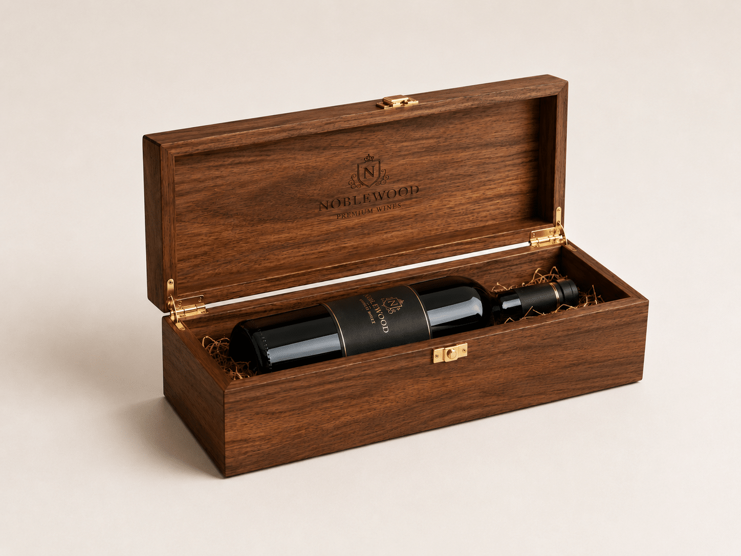 Premium walnut wooden single wine box with gold metal hardware, open to showcase a luxury wine bottle resting on natural raffia filler with an engraved interior brand logo.